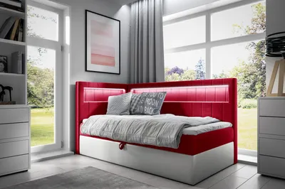 Produktbild von Einzelbett 100x200 KISHA 3 - rot/weiß, links zu öffnen + GRATIS Matratzenauflage