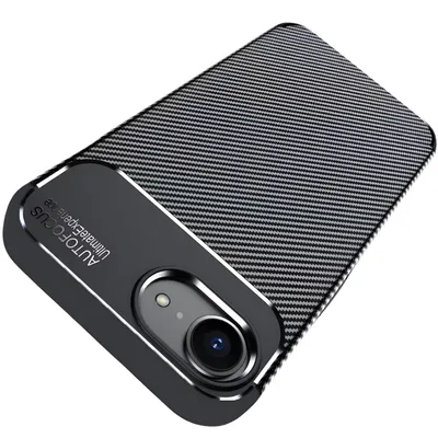 A close-up, angled view of a smartphone case with a carbon fiber texture.