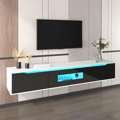 Image de Meuble TV suspendu, blanc et noir, finition laquée, avec éclairage LED, dimensions : 180 x 35 x 30 cm