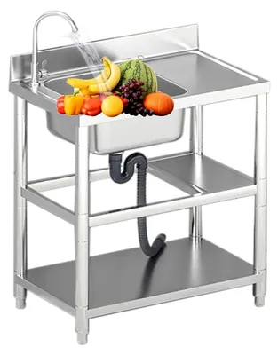 Produktbild von Freistehende Einzelbeckenspüle aus Edelstahl 304 mit Arbeitstisch und Abtropffläche für Gastronomie und Garage