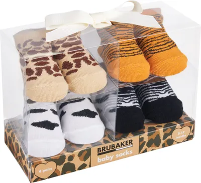 Image de Brubaker 4 Paires de Chaussettes Bébé Garçons Filles 0-12 Mois - Set Cadeau Bébé dans un Emballage Cadeau avec Ruban - Chaussettes de Noël, Chaussettes Sneakers, Chaussettes Animales et Motifs Mignons de Chaussettes