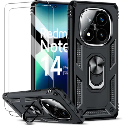 Image de Coque pour Xiaomi Redmi Note 14 Pro Plus 5G/Note 14 Pro+ 5G, Protection Antichoc avec Anneau - Noir + 2 Verres Trempés
