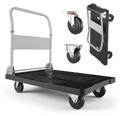 Image de Chariot à plate-forme - Chariot pliable - Capacité de charge 300 kg - Surface de chargement antidérapante - Avec roulettes pivotantes - Poignée rabattable pour un rangement peu encombrant - 89,5 x 59,5 x 85 cm