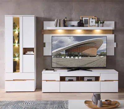 Produktbild von Wohnwand in weiß supermatt und Eiche mit Vitrine, Wandboard, Lowboard & LED-Beleuchtung, 3-teilig - MANRESA-36