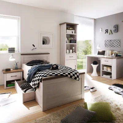 Produktbild von Jugendzimmer Kombination LUND-78 im Landhaus Design in Pinie weiß Nb./Trüffel Eiche Nb.