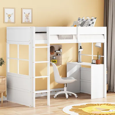 Produktbild von Hochbett mit Lattenrost, Schreibtisch, Leiter und Rausfallschutz, 90x200 cm, Kinderbett, Jugendbett, Kiefer