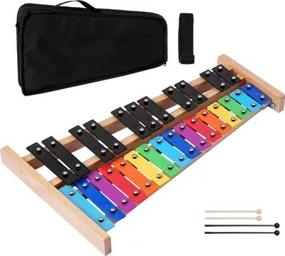 Immagine prodotto di Glockenspiel - Xilofono 27 note - Piastre di metallo colorate - 4 mazzuoli inclusi - Con borsa di trasporto - Per principianti