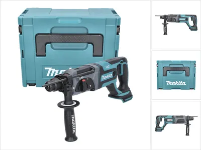 A collage of images showing a teal and gray rotary hammer drill and its storage case.