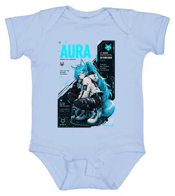 Image de Body pour bébé, style "Aura Neon Fox Hacker Cyberpunk Techwear Anime Girl", motif japonais, style Y2K, couleur bleu ciel, taille 3/6 mois