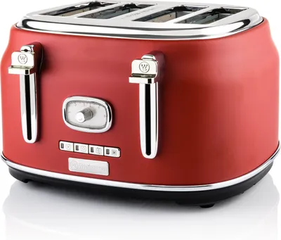 A red four-slice toaster with chrome accents is shown against a white background.