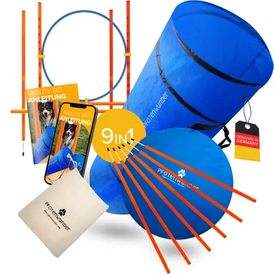Zdjęcie produktu dla PFOTENWUNDER® 9 w 1 zestaw agility dla dużych psów + 21 min. DOG SCHOOL - 6 tyczek slalomowych, 1 tunel, dla małych i dużych psów, płotki do treningu sportowego
