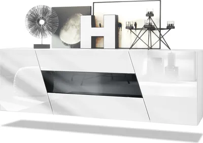 Produktbild von Vladon Sideboard Houston,  Germany, hängende Kommode mit 2 Türen & 3 Schubladen, Korpus Weiß matt, Fronten Weiß Hochglanz, mittlere Schublade Schwarz Hochglanz (178 x 57,5 x 38,5 cm)
