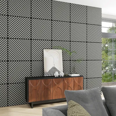 Obrázek produktu pro 3D akustický nástěnný panel, sada 8 ks „Vang“ s diagonálními lamelami, diagonálně 2,88 m², vzhled dubu, světle šedý