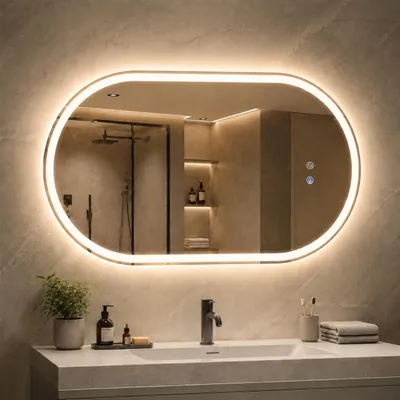 Productafbeelding van ZMH Badspiegel met verlichting, 50x80 cm, spiegelverlichting, dimbaar, LED, badkamer, touchschakelaar, lichtspiegel, ovaal, wandspiegel, groot, modern, AI-gegenereerde afbeelding