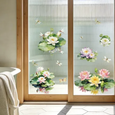 Obrázok produktu pre Obrázky na okno s motívom leknien a vážok, dvojstranné, opakovane použiteľné, rozmer 120 x 30 cm, 1 kus