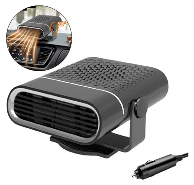 A car heater is shown on a white background, with a smaller inset image showing it in use in a car.