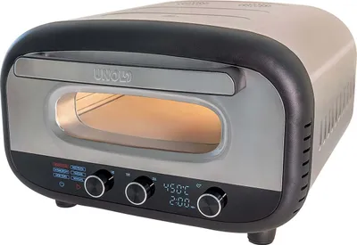 Der Unold Pizzaofen Alfredo ist ein Tischbackofen aus Edelstahl mit schwarzer Front, Glasfenster, Di