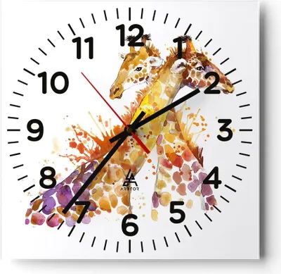 Produktbild von Wanduhr - Quadrat - Glasuhr - Giraffen Tiere Kinder Safari - 40x40cm - Schleichendes Uhrwerk - Lautlos - zum Aufhängen bereit - Dekoration Modern - Wanddekoration aus Glas - C4AC40x40-2883