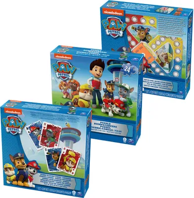 Three Paw Patrol branded game boxes are stacked and arranged in a white background.