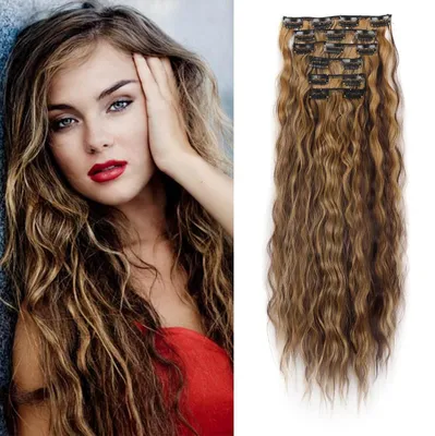 Obrázek produktu pro Clip-in prodlužovací vlasy, 50 cm, vlnité, syntetické, středně hnědé a tmavě blond, 6 pramenů