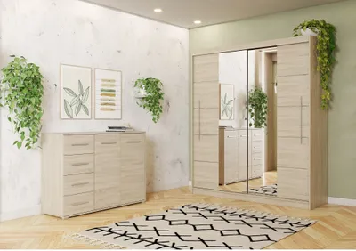 Produktbild von 2er-Set Schwebetürenschrank mit zwei Spiegeln und Zierleisten Sonoma/Sonoma mit Led Beleuchtung TORINO III Kommode FRIDA 01