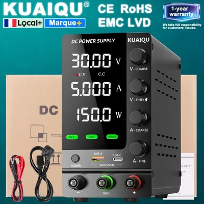 Image de Alimentation de laboratoire DC stabilisée - 30V 5A 150W, alimentation de table réglable - Tension et courant réglables - Protection contre les surtensions (OVP) et les surintensités (OCP) - Sortie unique - Prise secteur 220V AC, type EU