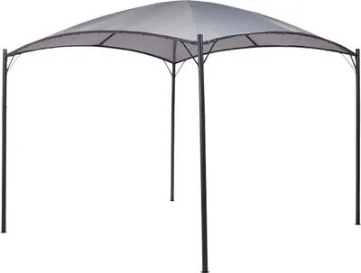 A gray gazebo with a black frame on a white background.