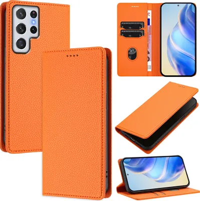 Produktbild von Litchi Leder Handyhülle für Samsung Galaxy S22 Ultra 5G Wallet Kartenfächer Standfunktion Hülle Orange