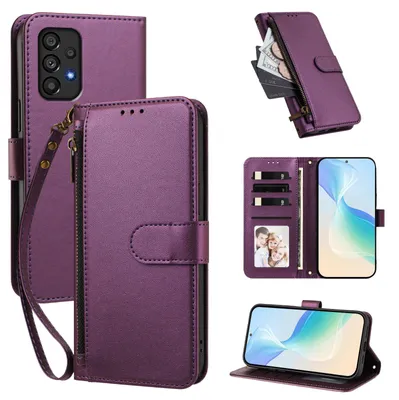 Image de Étui portefeuille pour Samsung Galaxy A53 5G, en cuir PU, avec compartiments pour cartes, support et dragonne, couleur violet