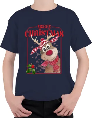 Produktbild von Merry Christmas Rentier Rudolf - Weihnachten Weihnachtsgeschenk Christmas Uni Kinder T-Shirt, Navy, 128