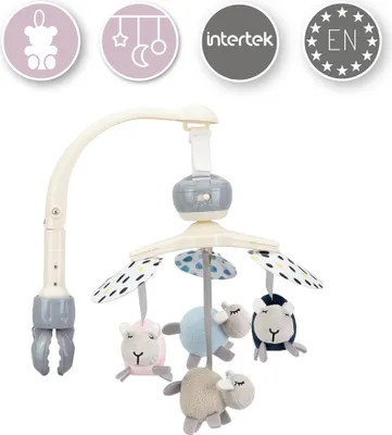 Produktbild von MoMi KIKI - Mobile Kinderbett Karussell für Baby -  4 sensorische Spielzeuge, 5 Melodien, Rasseln - Spieluhren