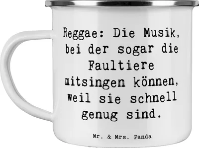 Produktbild von Mr. & Mrs. Panda Teetasse Spruch Reggae Freude - Weiß - Geschenk, Rhythmus, Pop, Emaille Becher, Teebecher, Offbeat, Pott, Tasse, Geschenke für Musikfans, Faultiere, Jazz