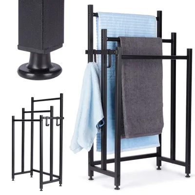 A collage of images showing a black metal towel rack with towels, and a close-up of its base.