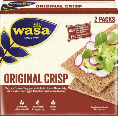 The image shows the front packaging of Wasa Original Crisp crackers.