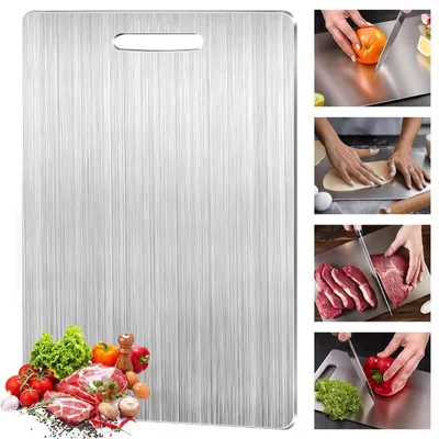Produktbild von Schneidebrett aus Titan, 46 x 30 cm | Schneidebrett aus Edelstahl | Beidseitig verwendbar, lebensmittelecht und hygienisch | Ideal für Fleisch, Gemüse und Obst | Küchenbrett aus Metall