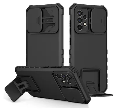 Image de Etui pour Samsung Galaxy A72 5G / A72 4G étui de protection militaire double couche avec béquille et protection coulissante de l'appareil photo noir