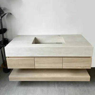 Produktbild von Badmöbel-Set mit Sinterstein-Waschbecken in Travertine look, verdecktem Ablauf, Spiegel, Unterschrank, Ablage, Ablaufgarnitur【PX33-DS-120】