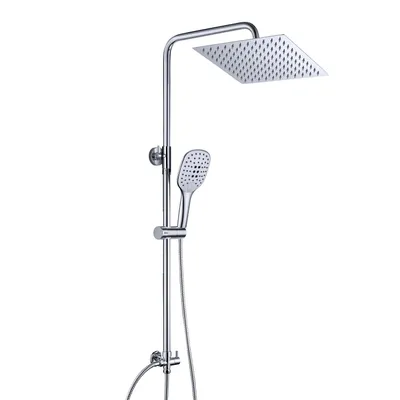 A chrome shower system with a square overhead shower head and a handheld shower head, shown against a white background.