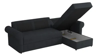 A dark gray sectional sofa with its storage compartment open.