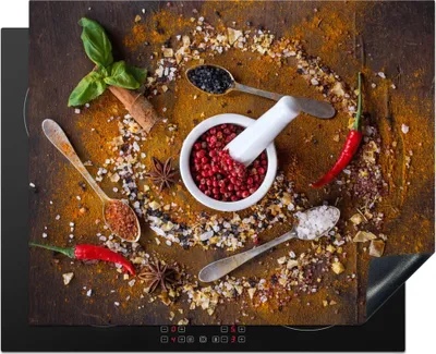 Produktbild von KitchenYeah© Herdabdeckplatte Mörser - Kräuter - Löffel - Gewürze - Braun - Pfeffer , 65x52cm, Küche Deko, Glaskeramikkochfeld Herdabdeckung, Abdeckplatte fùr Kochfeld