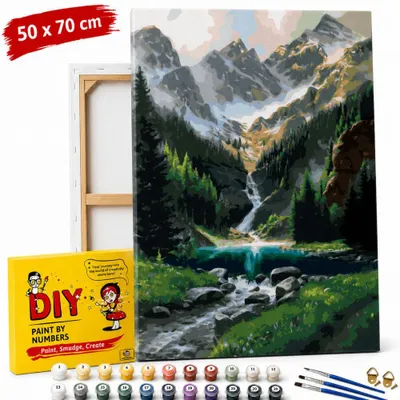 Produktbild von Malvorlage nach Zahlen mit Rahmen „Haus in den Bergen“, 50 x 70 cm