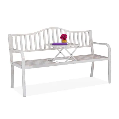 Immagine prodotto di Panchina da giardino Relaxdays con tavolino ribaltabile, 3 posti, da giardino, in metallo, per balcone, L x P x A 89 x 150 x 58,5 cm, bianco-bronzo