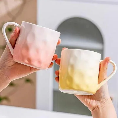 Productafbeelding van Keramische theekopjes en koffiekopjes, 400 ml, handgemaakt, overgangskleuren, roze en geel, set van 2