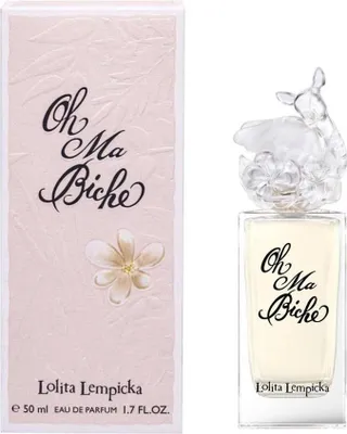A product shot of Lolita Lempicka Oh Ma Biche Eau de Parfum, showing both the perfume bottle and its packaging.