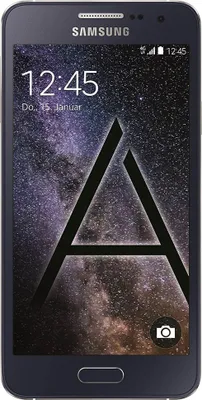 A Samsung Galaxy A3 smartphone is displayed front-on with a starry background and a large 'A' graphic.
