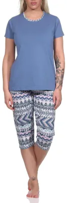 Produktbild von Damen kurzarm Schlafanzug Pyjama mit Caprihose im Ethnolook ; blau , 36-38