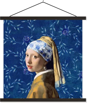 Produktbild von MuchoWow® Textilposter Mädchen mit Perlenohrring - Delfter Blau - Vermeer - Blumen - Gemälde - Alte Meister 40x40 cm mit schwarzem Rahmen - Fotos