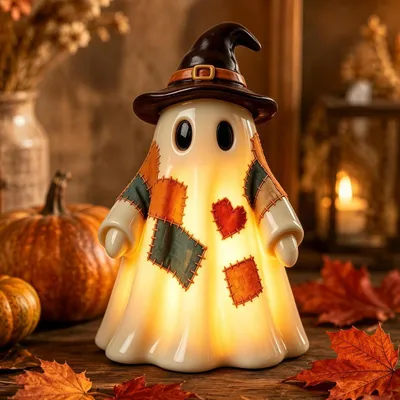 Produktbild von Vintage-Patchwork-Bettler-Geist-Nachtlicht, 3D-LED, batteriebetrieben, 10 cm, ideal für Halloween-Tischdeko