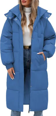 Image de ASKSA Femme Manteau d'hiver long Manteau d'hiver matelassé Doudoune chaude Manteau avec capuche (Bleu,M)
