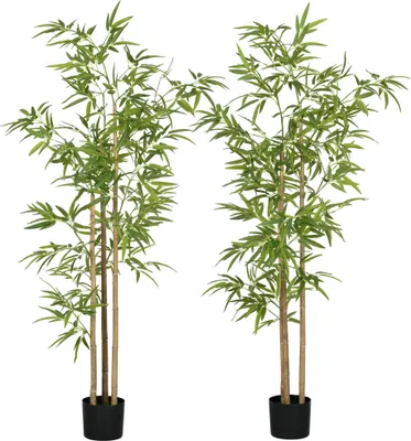 Image de HOMCOM Lot de 2 plantes artificielles Bambou arbre artificiel hauteur 180 cm avec pot, décoration interieur, très réaliste